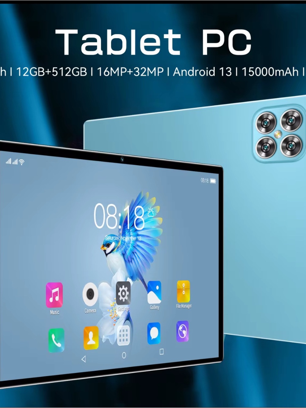 Blue Android Tablet with Large Storage and Quad Camera